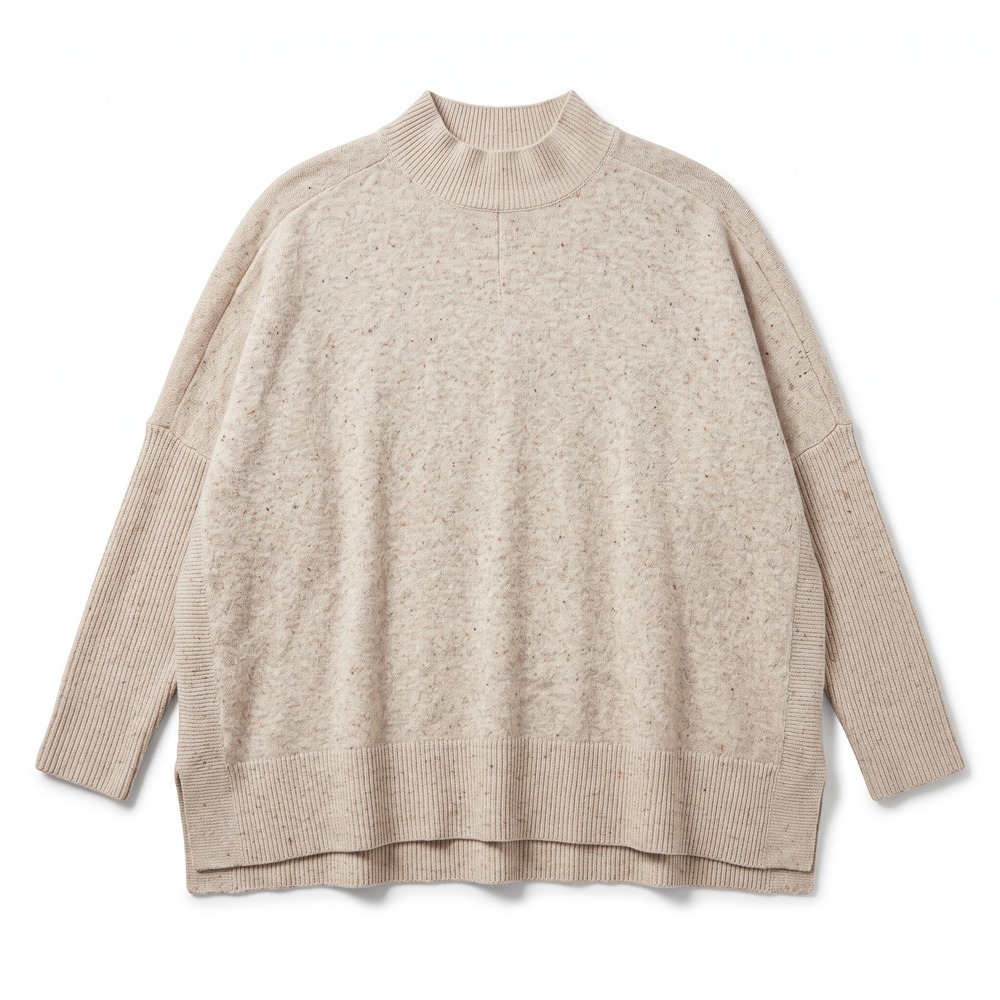 LOFT Womens S Oatmeal Speckled Mock Neck Sweater Casual Cozy Knit Pullover
